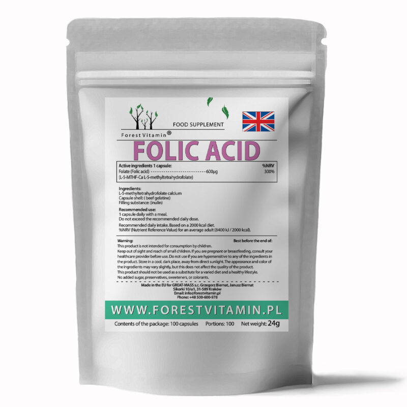 Forest Vitamin® Kwas Foliowy 600 µg (Metylo Folian L-5-MTHF-Ca) - 100 Kapsułek - obrazek 3