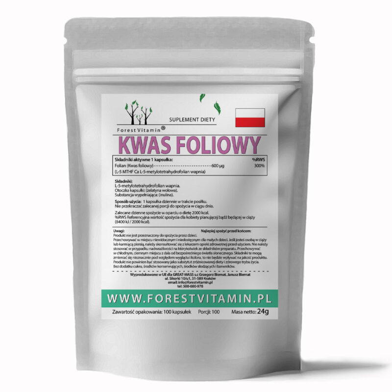 Forest Vitamin® Kwas Foliowy 600 µg (Metylo Folian L-5-MTHF-Ca) - 100 Kapsułek - obrazek 2